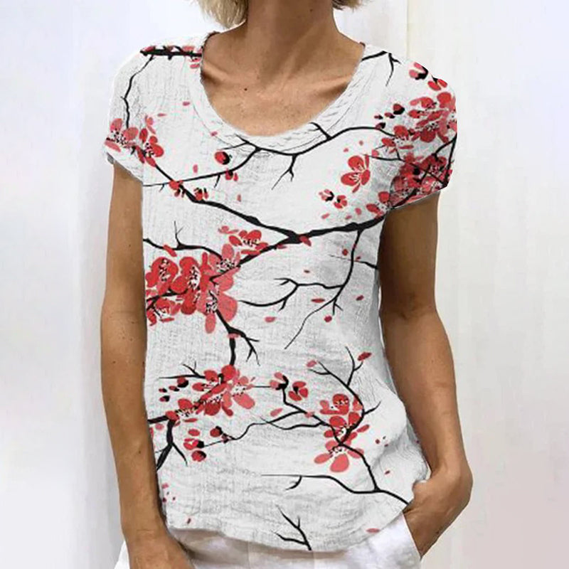 Comstylish Japanese Retro Plum Blossom Art Linen Casual T-Shirt