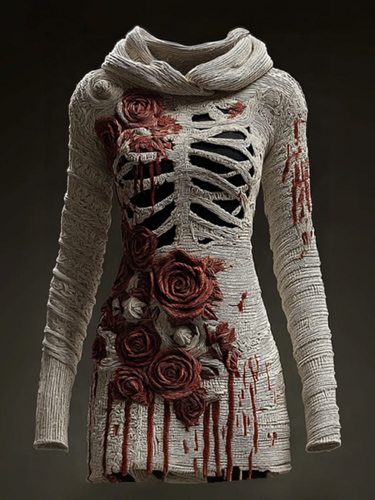 Comstylish Halloween Skull Floral Knitted Warm Hooded Sweater