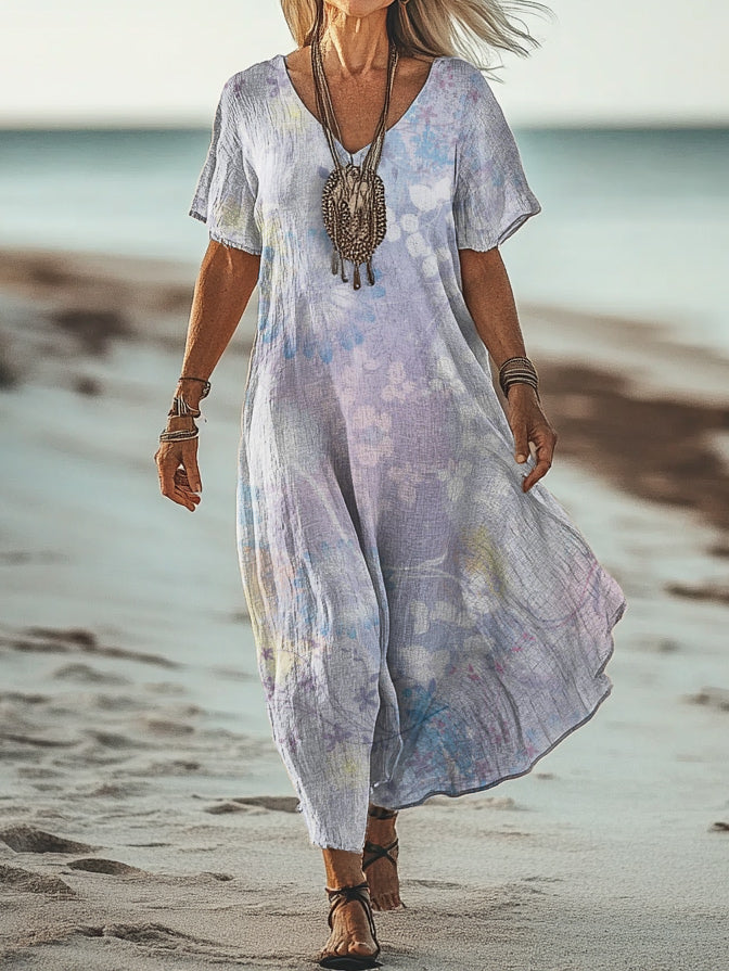 Women's Art Floral Hippie Vintage Print V Neck Dress