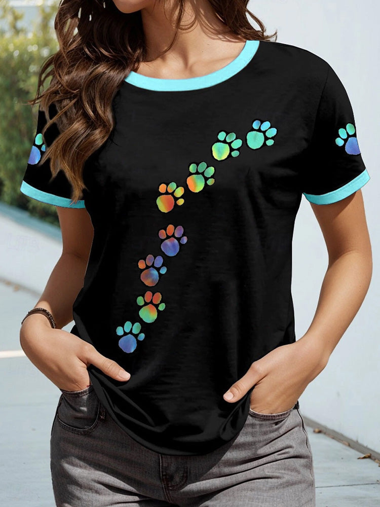 Women's Colorful Animal Paw Print T-shirts elevenforest