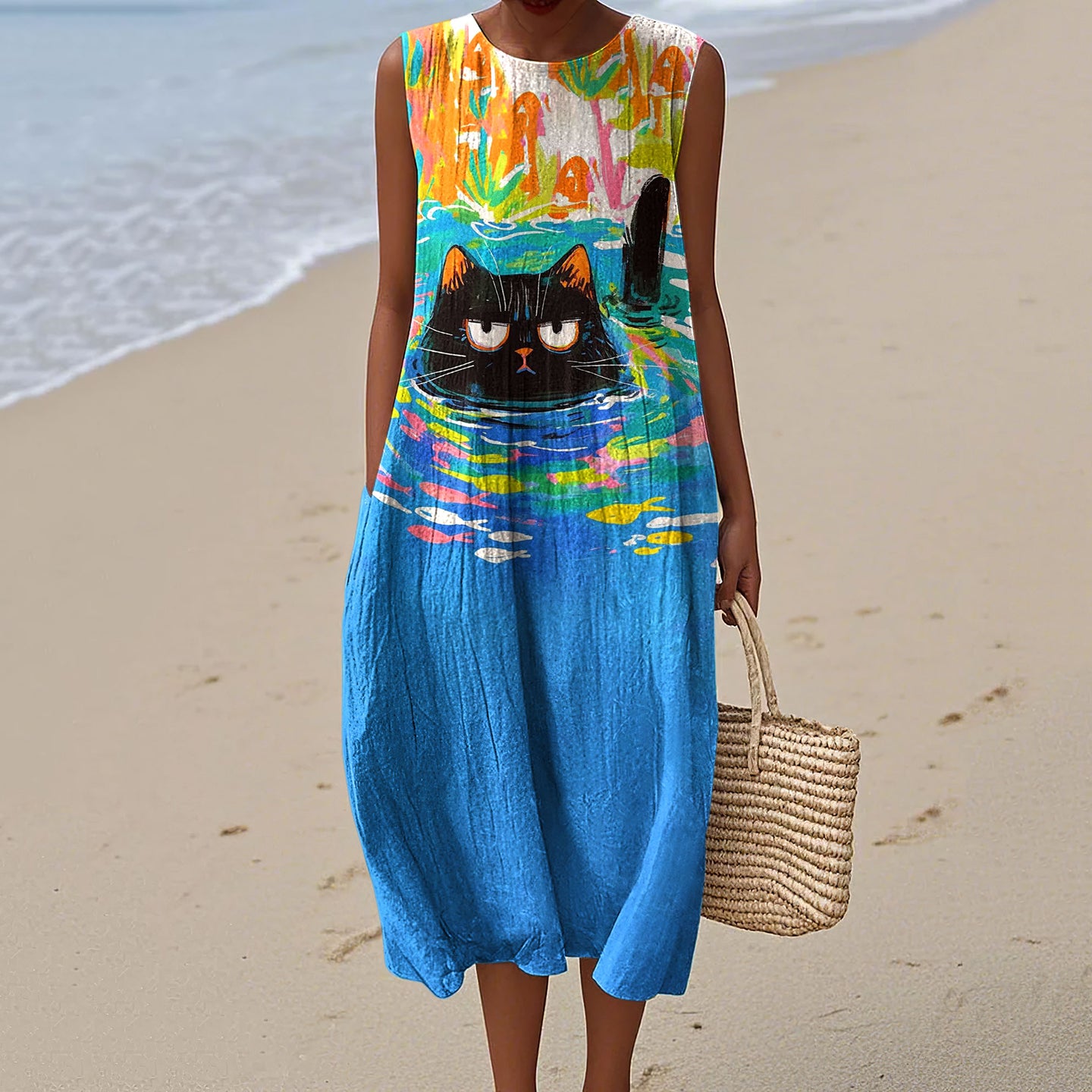 Comstylish Abstract Creative Oil Cat Style Painting Art Linen Tank Dress