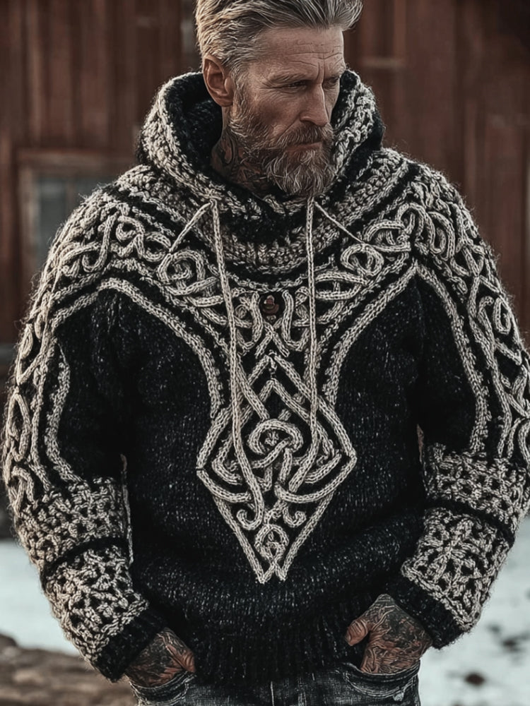 Men's Viking Style Celtic Knot Black And White Hooded Sweater artswardrobe