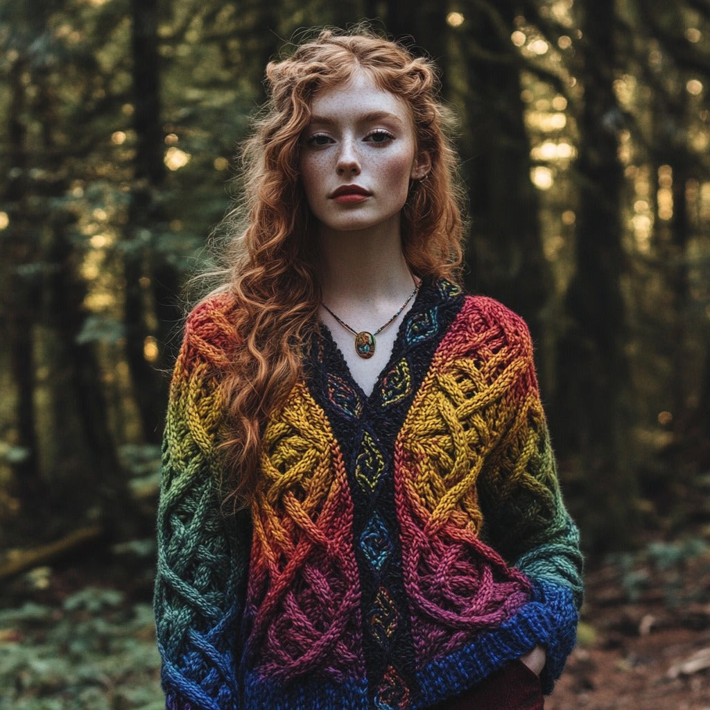 Vintage Rainbow Gradient Celtic Knot Chunky V-neck Aran Sweater artswardrobe