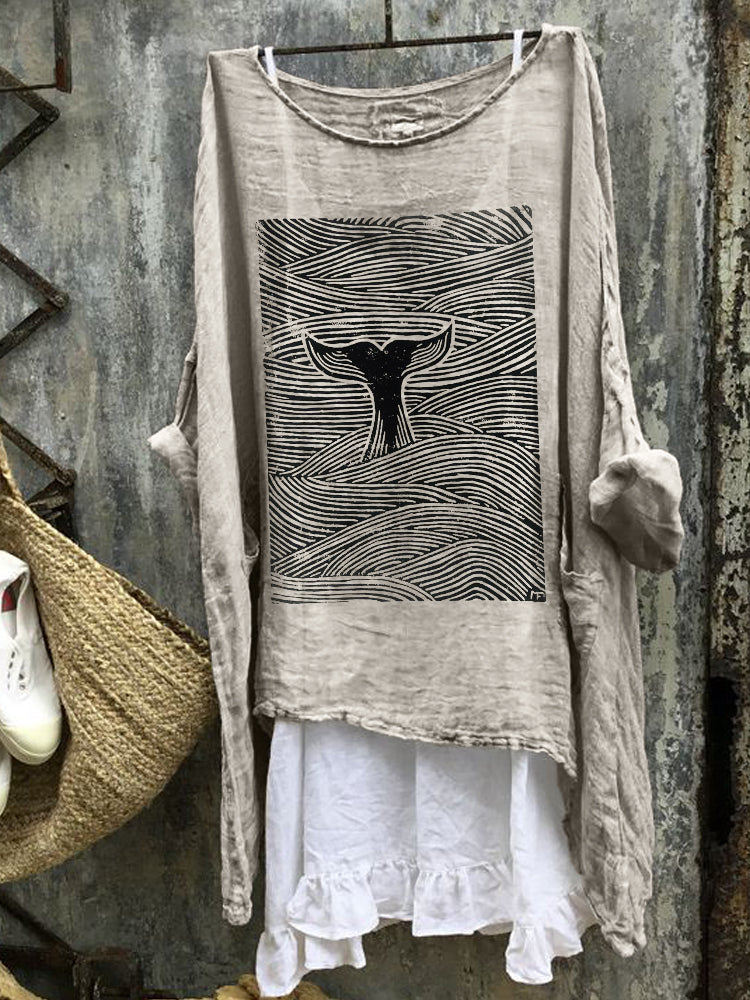 Comstylish Whale Tail Sea Waves Japanese Lino Art Linen Blend Tunic