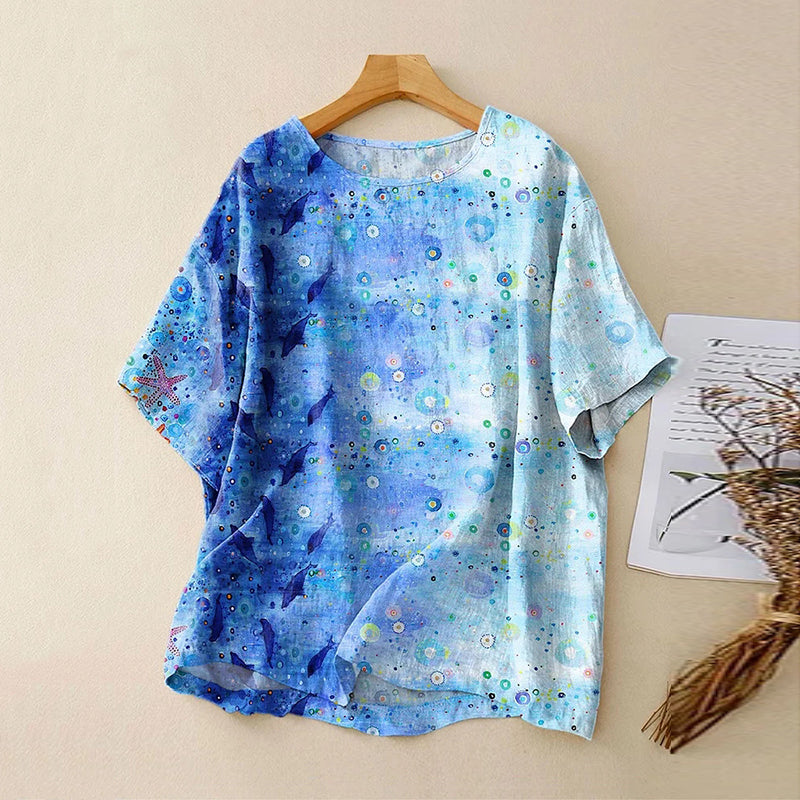 Comstylish Women's Vintage Ocean Art Print Casual Linen Crew Neck Shirt