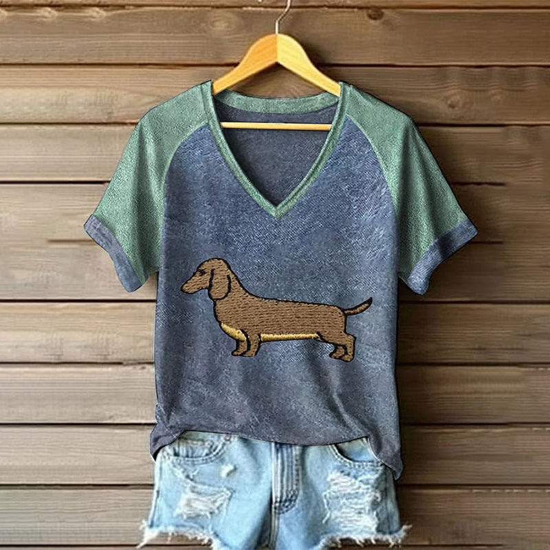 Comstylish Women's Dachshund Colorblock Print V-neck T-shirt