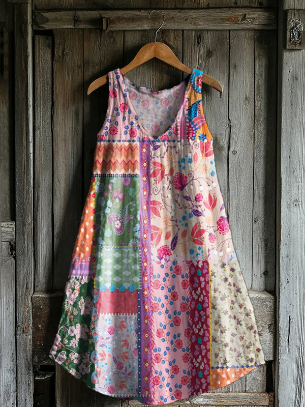 Women's Bohemian Floral Collage Pattern Print V-neck Pocket Cotton Dre