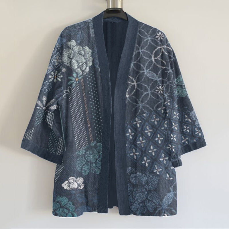 Comstylish Japanese Traditional Sashiko Floral Art Pattern Art Print Linen Blend Kimono Cardigan
