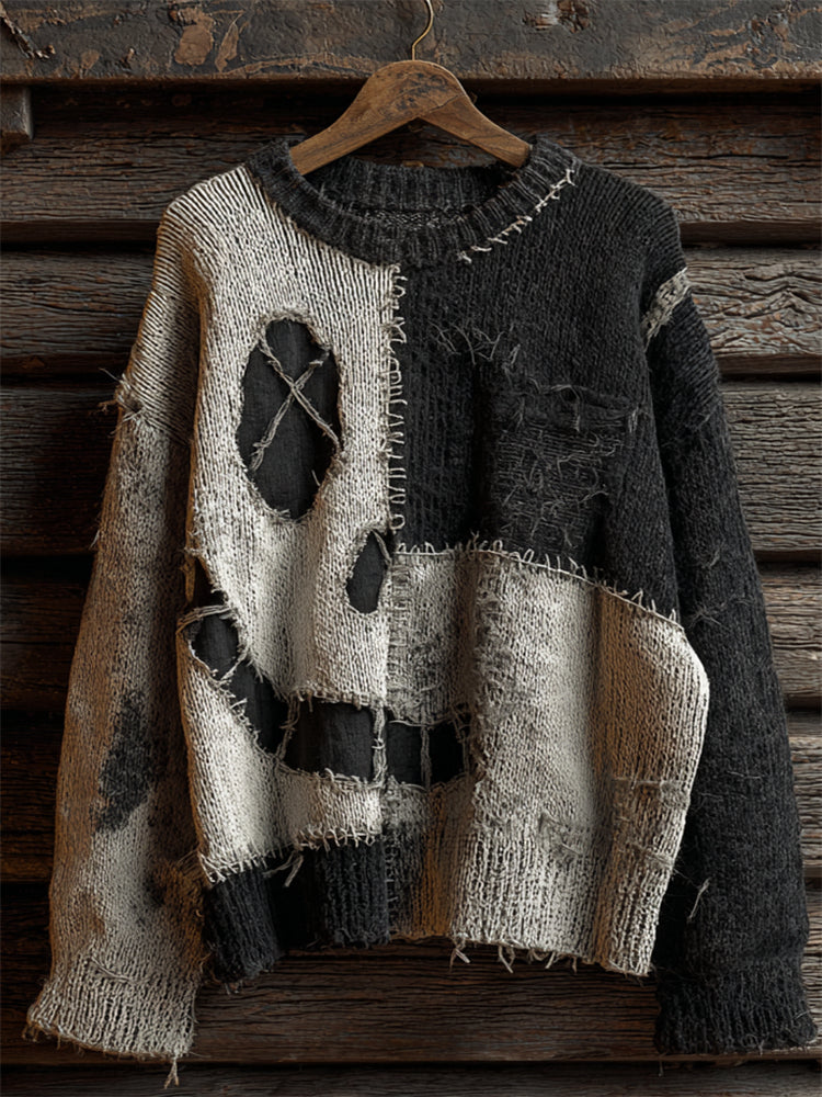 Halloween Spooky Face Contrast Colorblock Stitched Cozy Knit Sweater artswardrobe