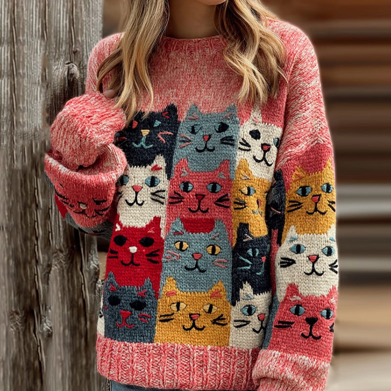Comstylish Women's Colorful Cats Pattern Art Cozy Knit Sweater