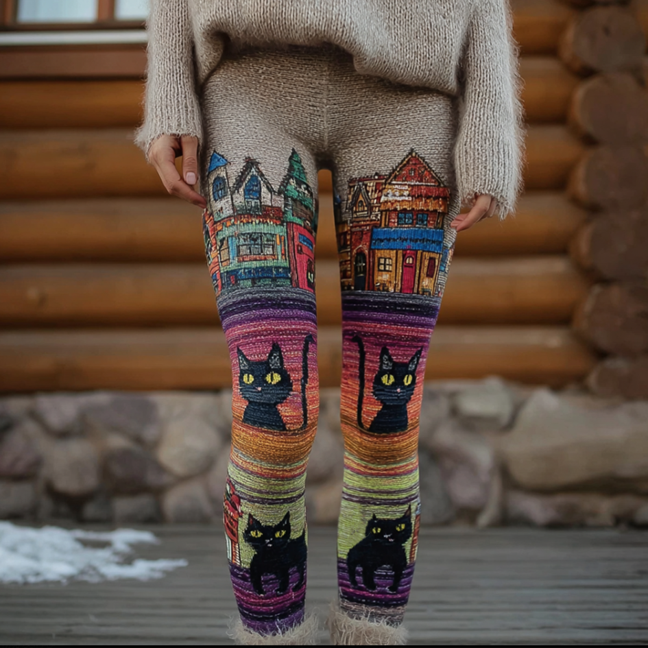 Rainbow Fun Cat Lady's Knitted Tight-fitting Leggings artswardrobe
