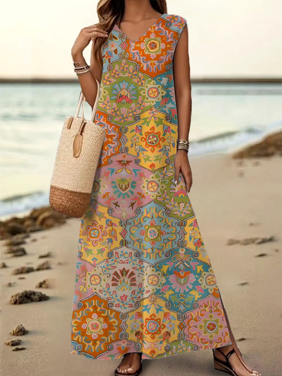 Women's Vintage Ethnic Tattoo Pattern Art Print V-Neck Sleeveless Cott