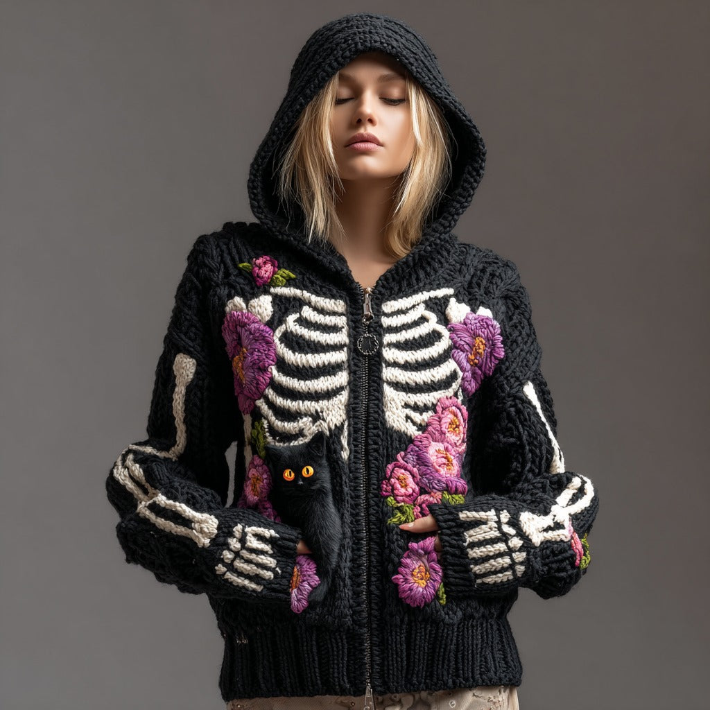 Comstylish Women's Vintage Skull And Black Cat Art Knit Hoodie