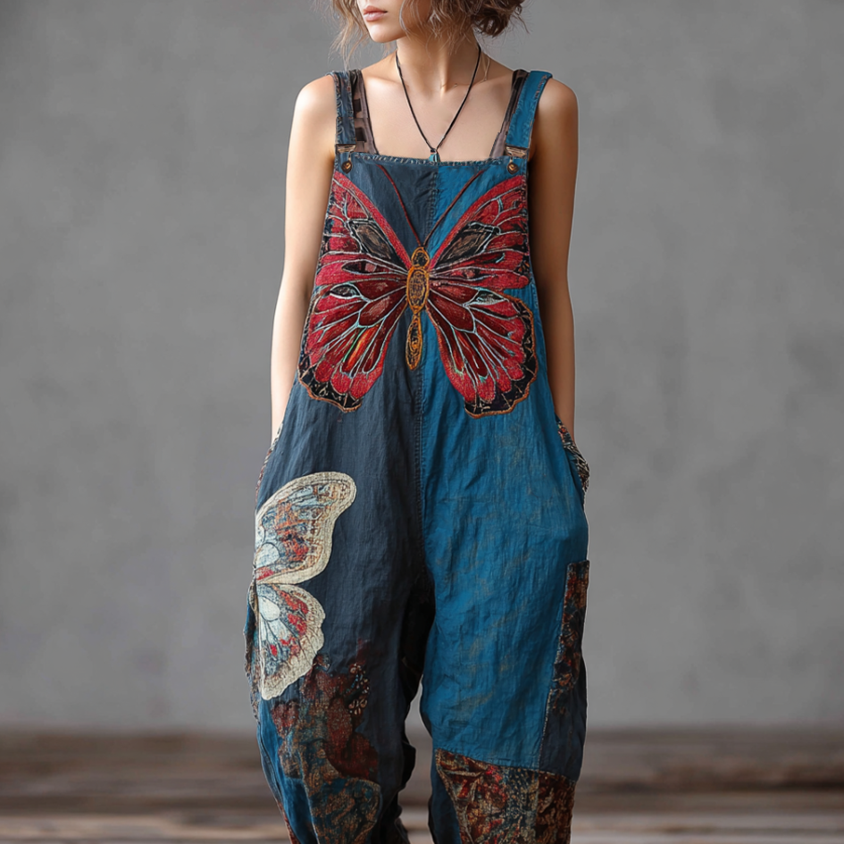 Comstylish Japanese Art Style Butterfly And Plant Flower Pattern Embroidery Women's Colorful Cotton And Linen Overalls