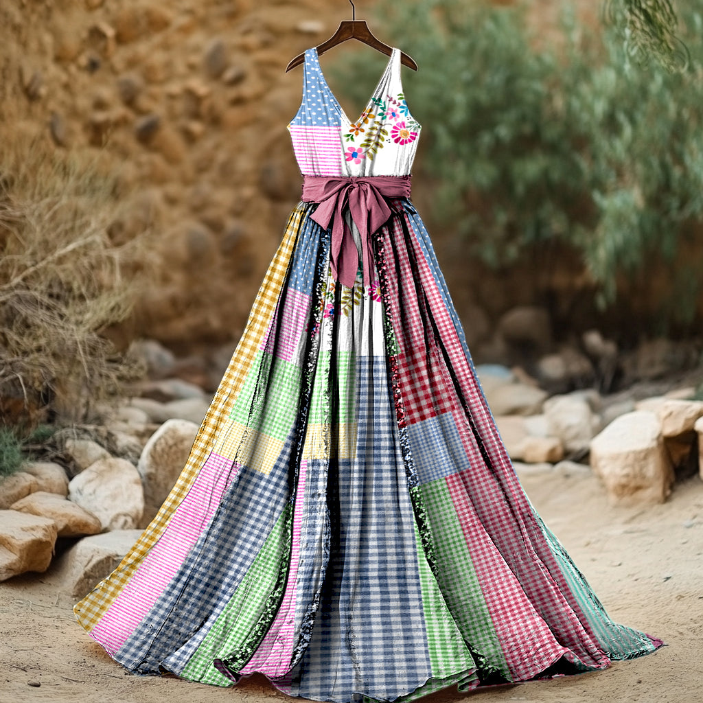 Women's Retro Plaid Pattern Floral Patch Art Sleeveless Linen Dress artswardrobe