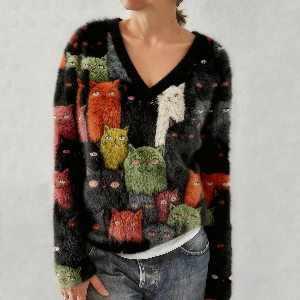 Comstylish Lovely Cat Pattern V Neck Cozy Plush Sweatshirt