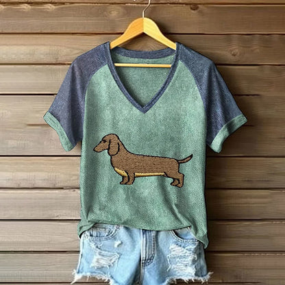Comstylish Women's Dachshund Colorblock Print V-neck T-shirt