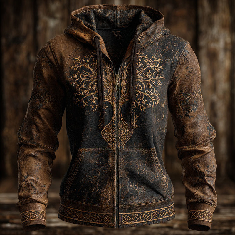 Comstylish Women's Vintage Viking Tree Of Life Pattern Casual Zip-up Cardigan