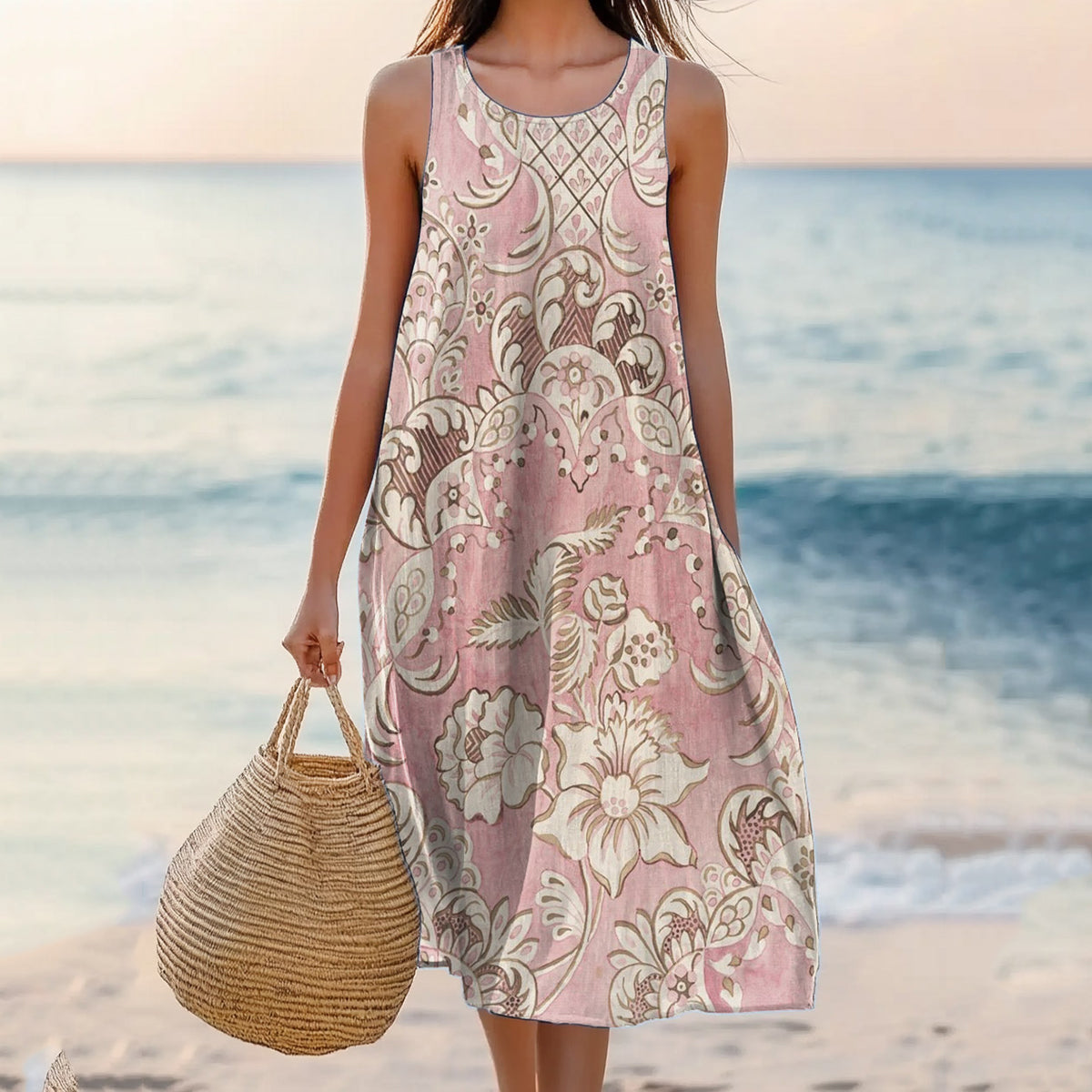 Women's Ethnic Floral Print Casual Round Neck Sleeveless Dress artswardrobe