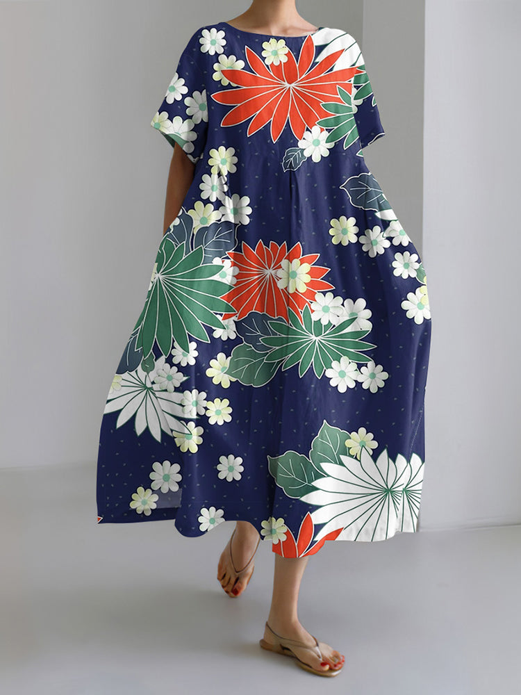 Japanese Art Flower Print Short Sleeve Loose Midi Dress