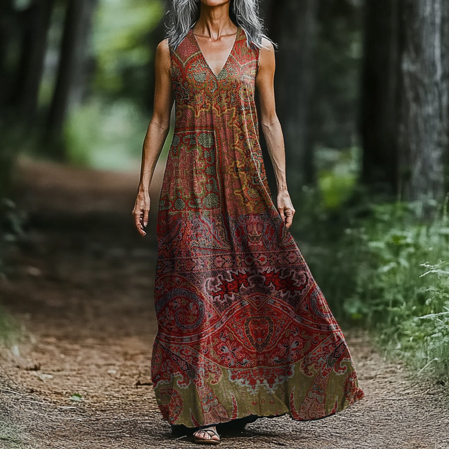 Women's Art Painting Ethnic Retro Print V-Neck Vest Dress