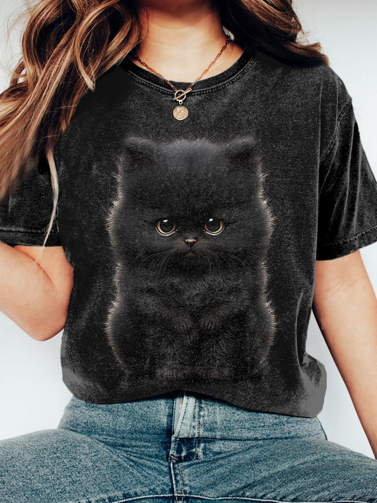 Fluffy Black Kitten Pattern Vintage Washed T Shirt elevenforest
