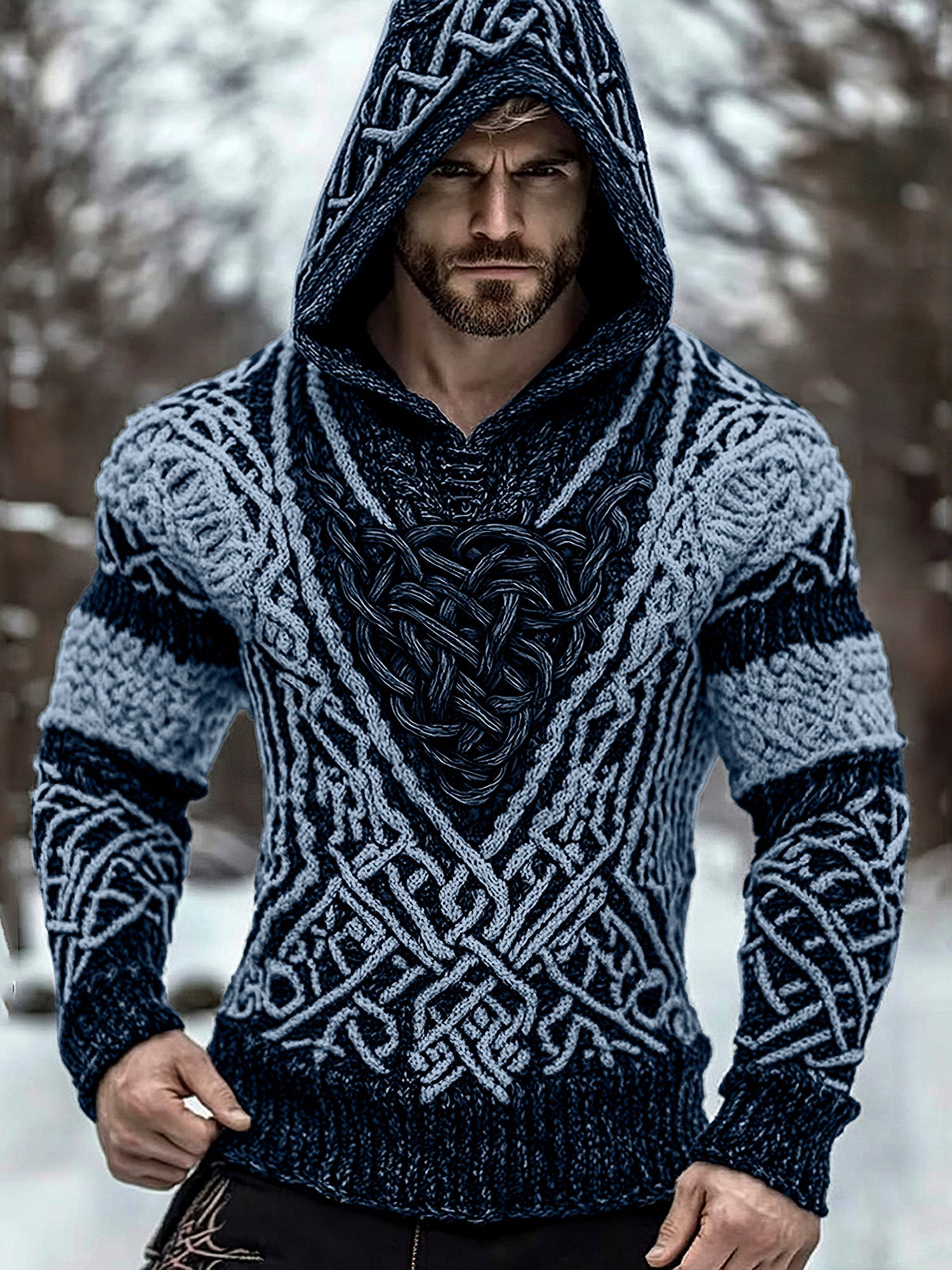 Men's Viking Jacquard Inspired Celtic Hooded Sweater artswardrobe