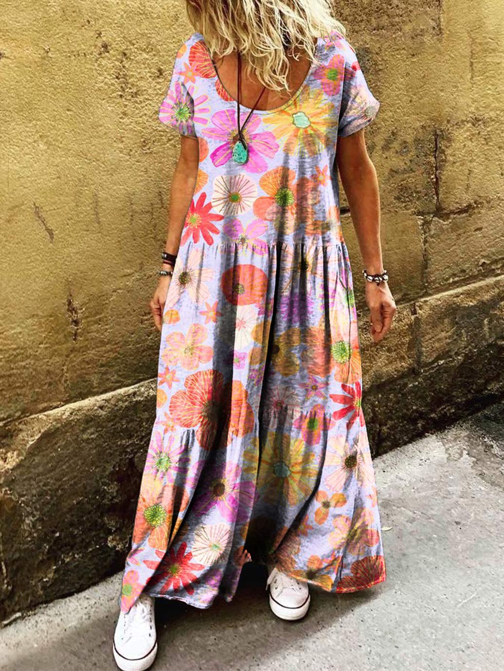 Women's Hippie Art Floral Print Round Neck Short Sleeve Dress