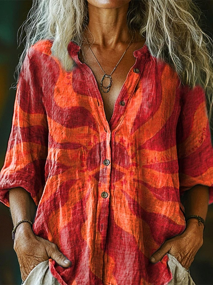 Women's Hippie Peace Print Casual Cotton Linen Shirt