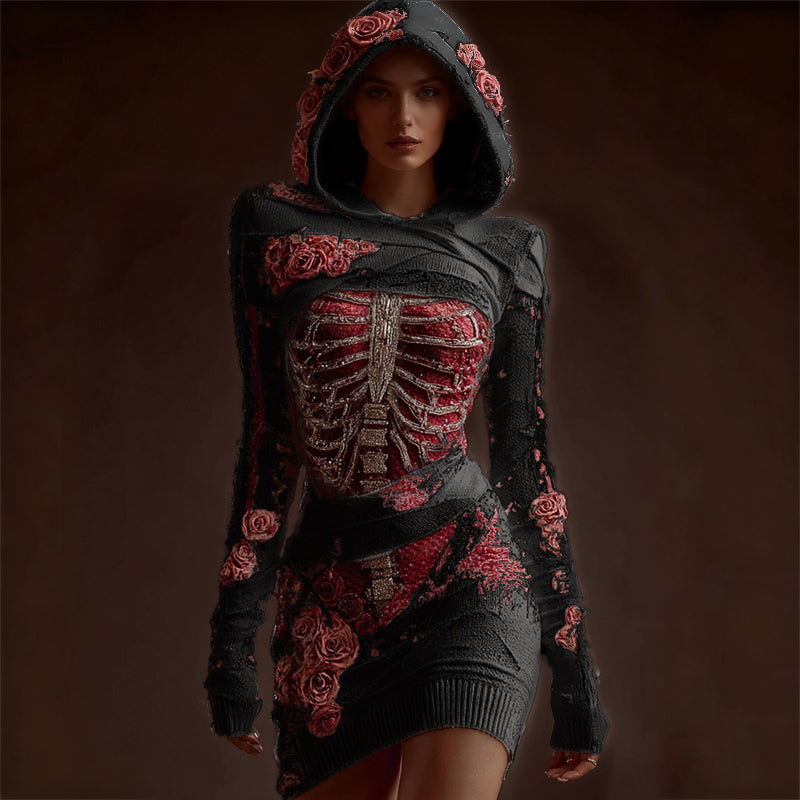Classy Skeleton Anatomy Bloody Roses Bandages Hooded Sweater Dress artswardrobe