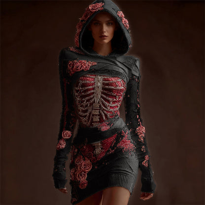 Classy Skeleton Anatomy Bloody Roses Bandages Hooded Sweater Dress artswardrobe