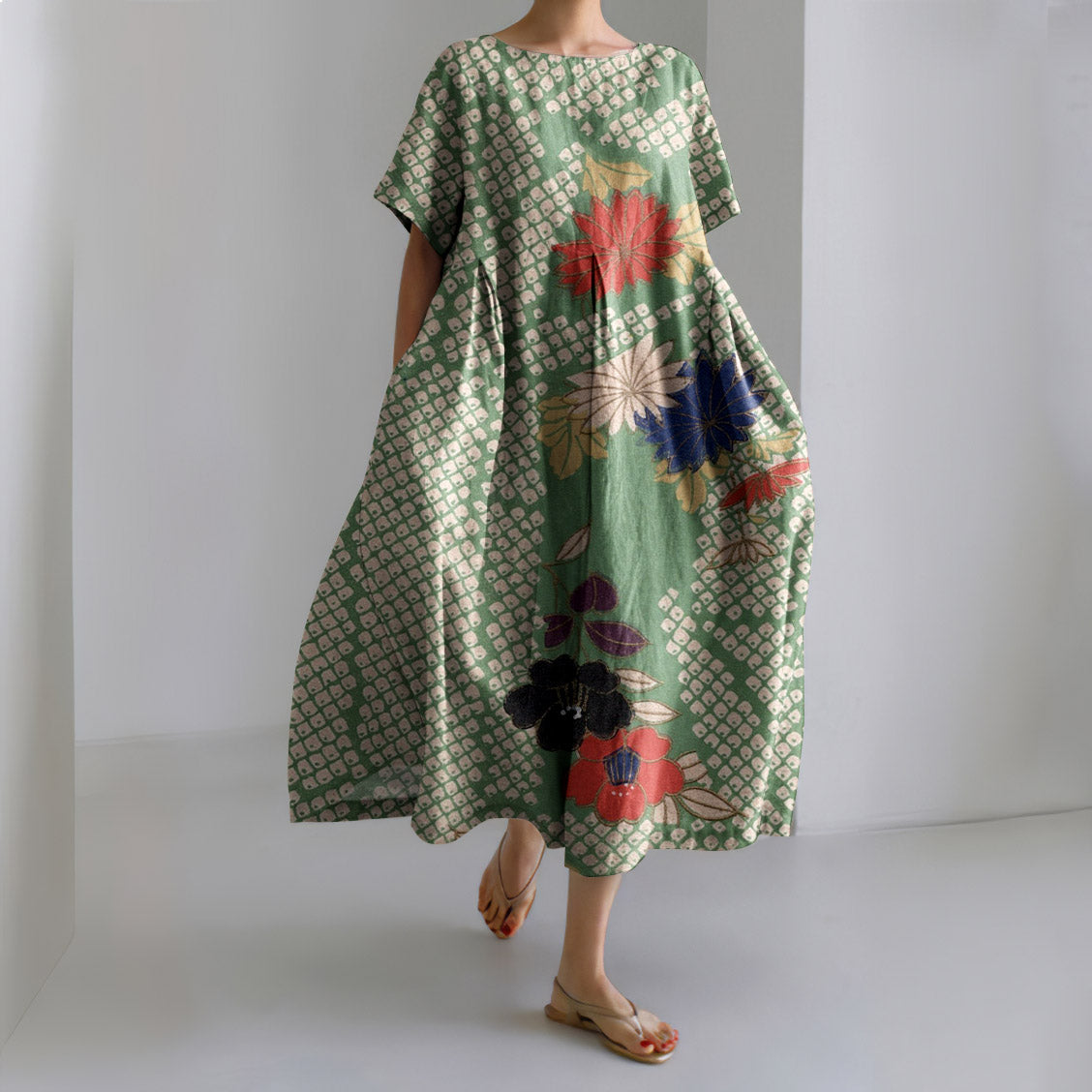 Comstylish Vintage Japanese Art Floral Print Short Sleeved Loose Midi Dress