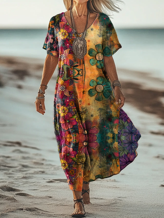 Women's Vintage Floral Art Print Pocket Cotton Dress