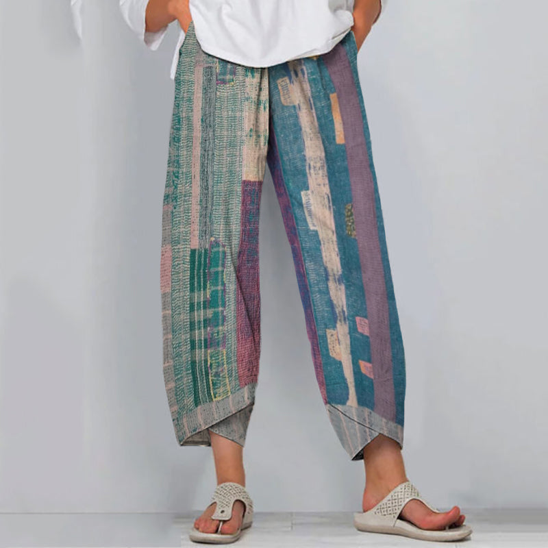 Comstylish Women's Abstract Stripe Art Linen Blend Pants