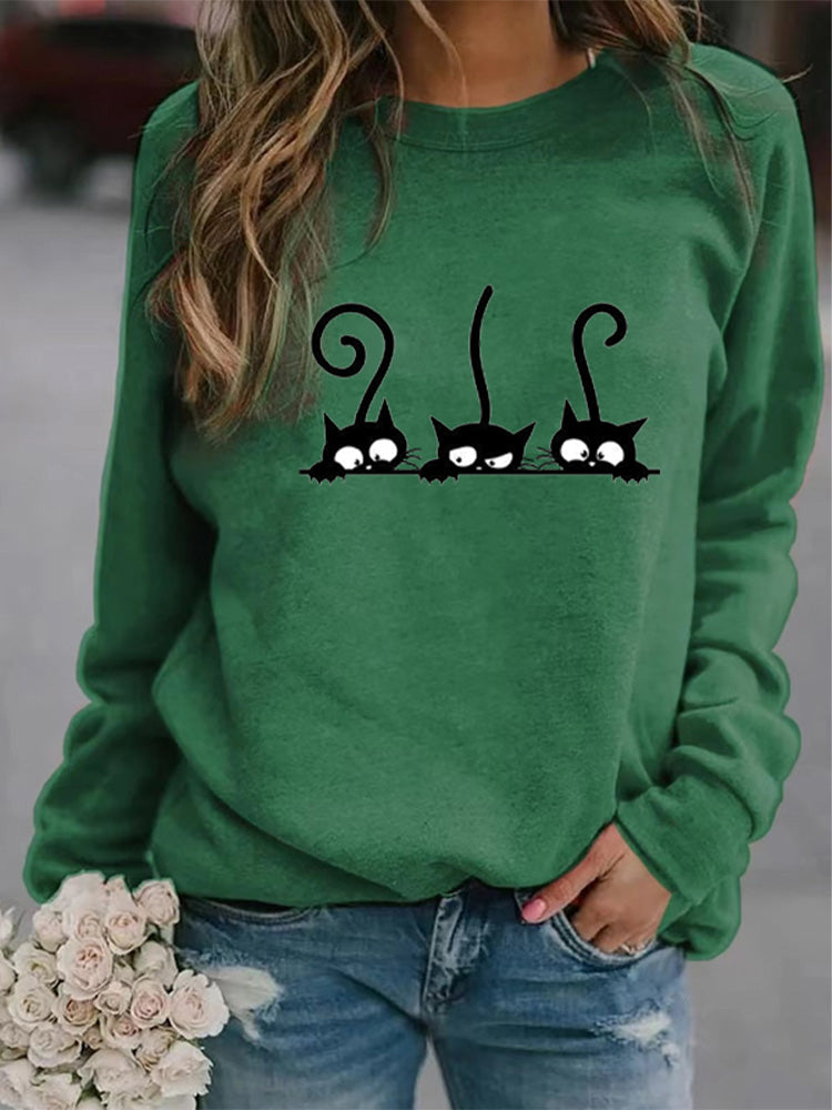 Women's Casual Black Cat Print Sweatshirt elevenforest