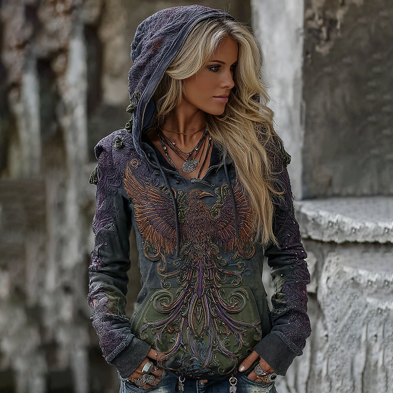 Comstylish Women's Viking Mythology Phoenix Embroidery Comfortable Warm Hoodie