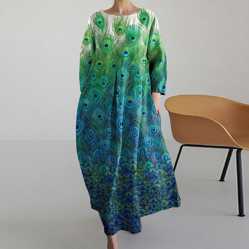 Comstylish Japanese Gorgeous Peacock Feather Art Vintage Long Sleeve Midi Dress