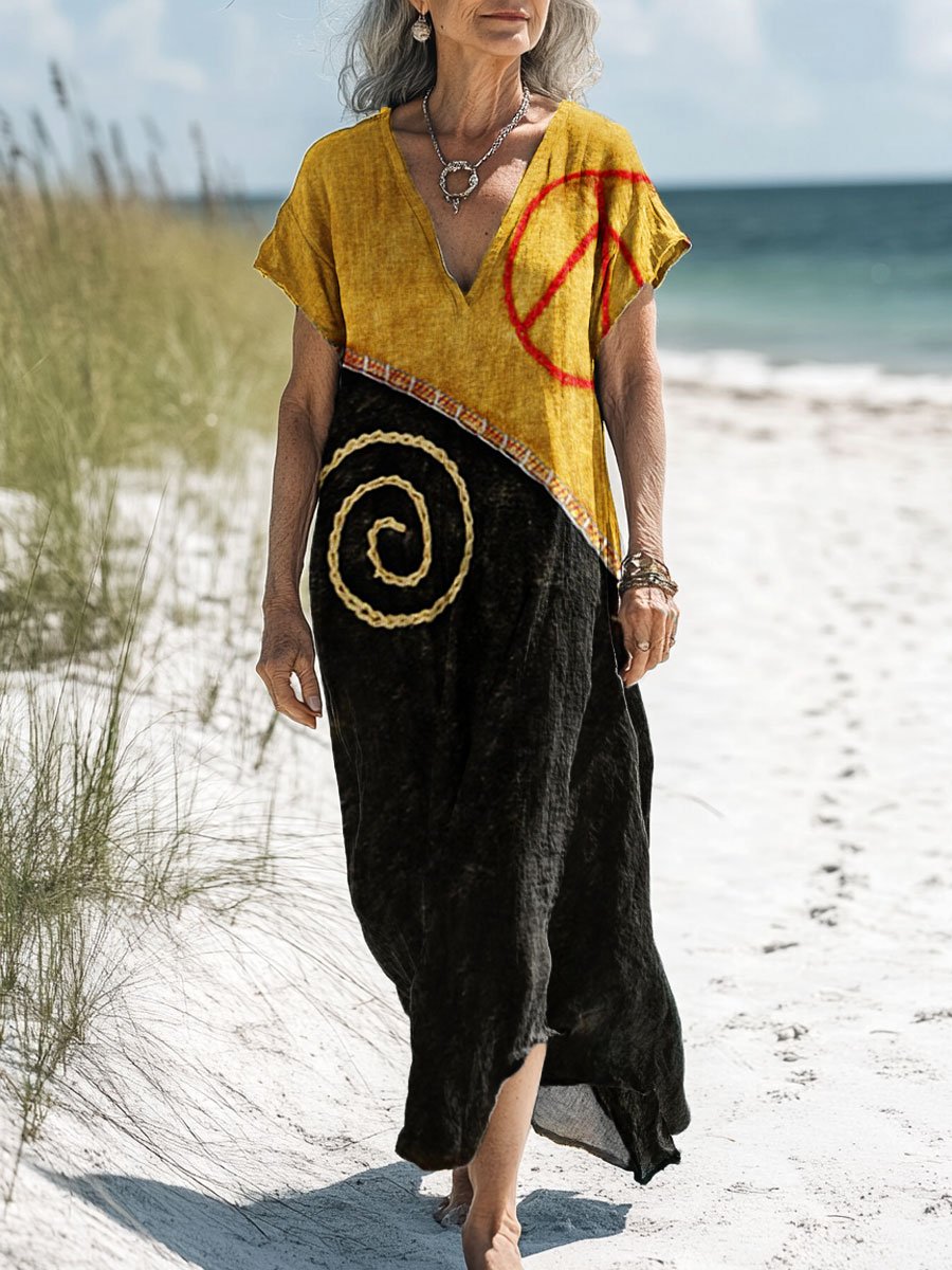 Women's Vintage Hippie Love and Peace Art Print Pocket Cotton Dress