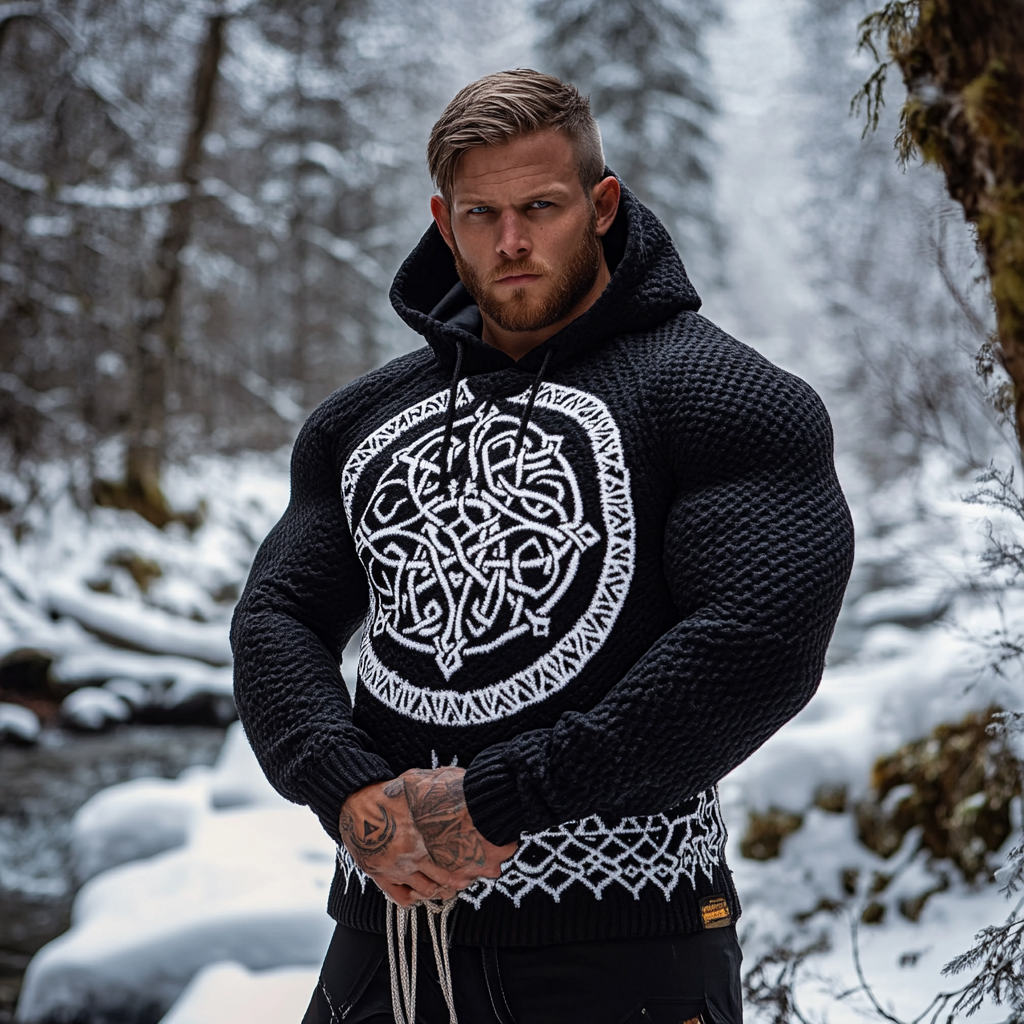 Men's Viking Tribal Jacquard Celtic Inspired Chunky Knit Hooded Sweater artswardrobe