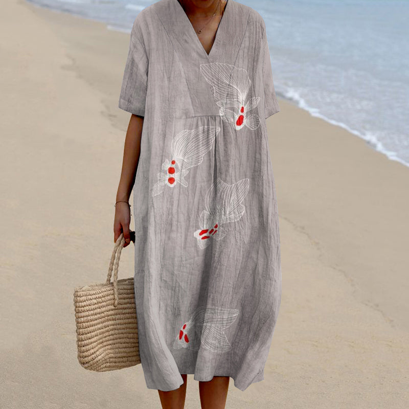 Comstylish Vintage Gold Fish Art Casual V Neck Midi Dress