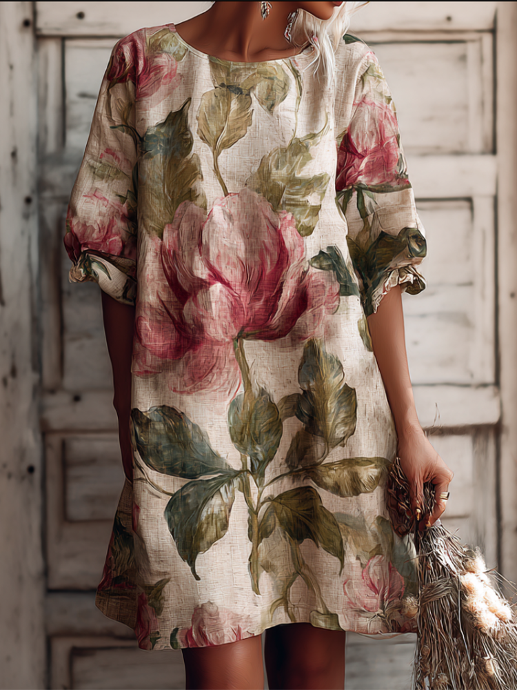 Retro Cotton And Linen Bohemian Style Plant And Flower Print Mid-length Dress artswardrobe