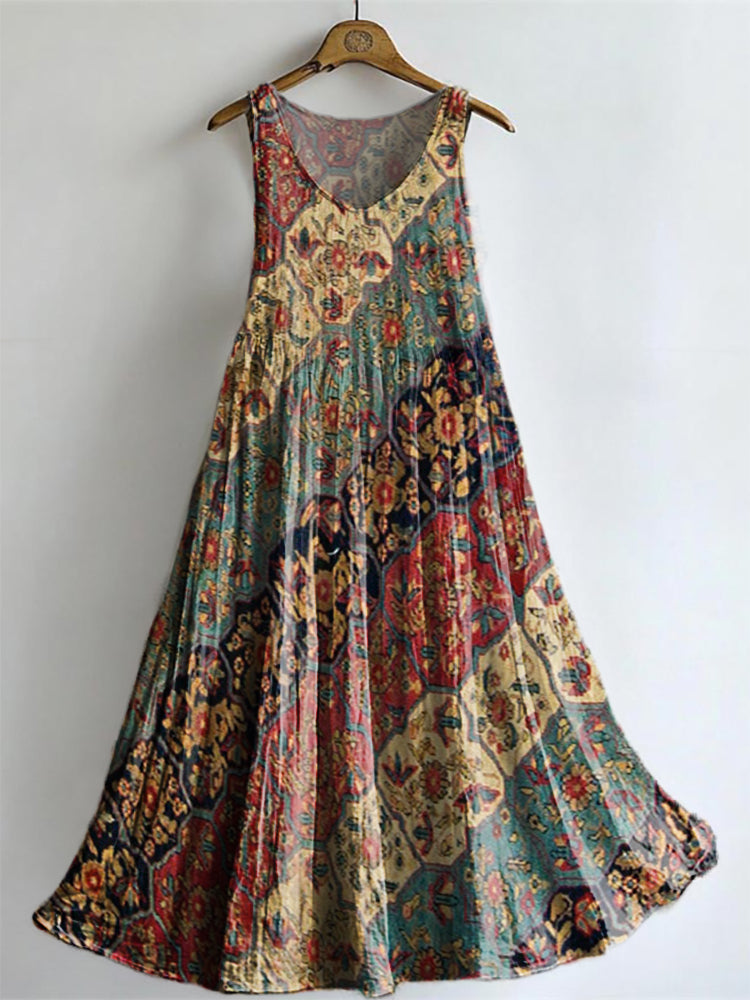 Women's Bohemian Ethnic Totem Art Print Sleeveless Cotton Pocket Dress