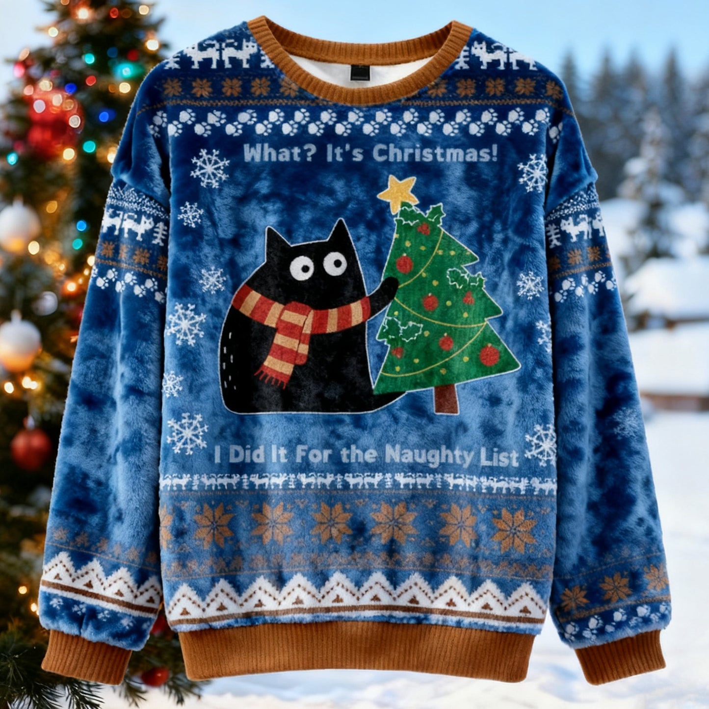 Comstylish Cute Christmas Tree Cat Warm Crew Neck Sweater