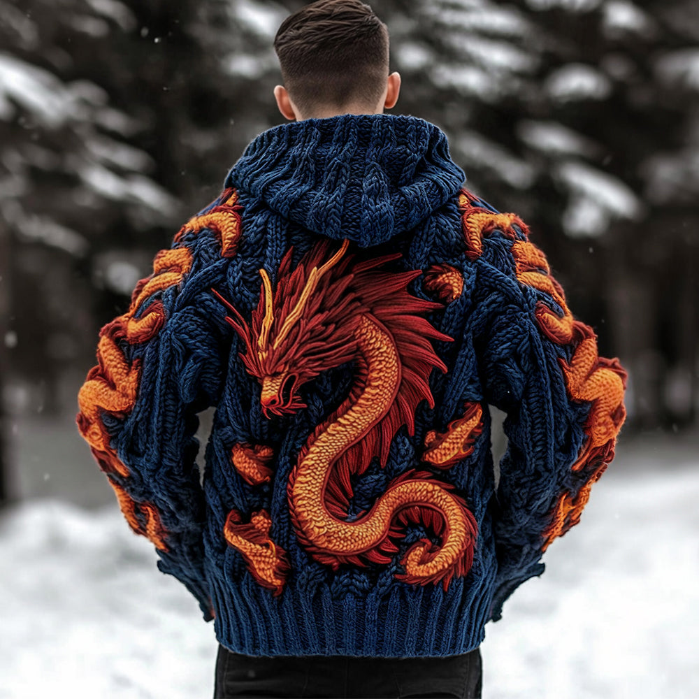 Men's Viking Dragon Celtic Thick Knit Zip-up Hooded Sweater artswardrobe