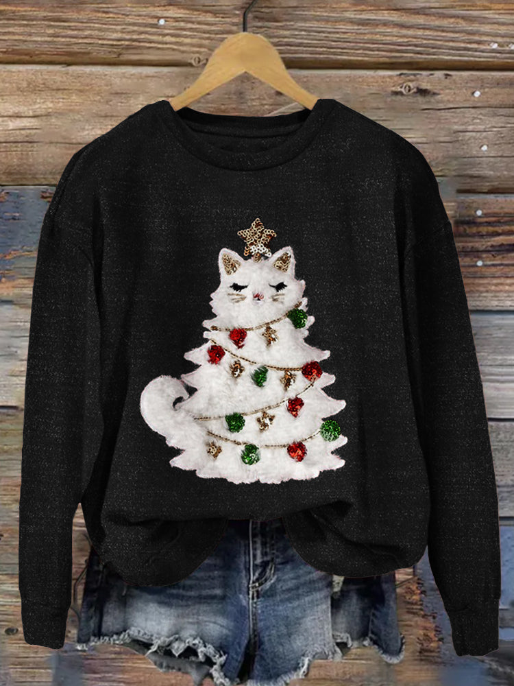 Cute Christmas Cat Tree Art Cozy Sweatshirt elevenforest
