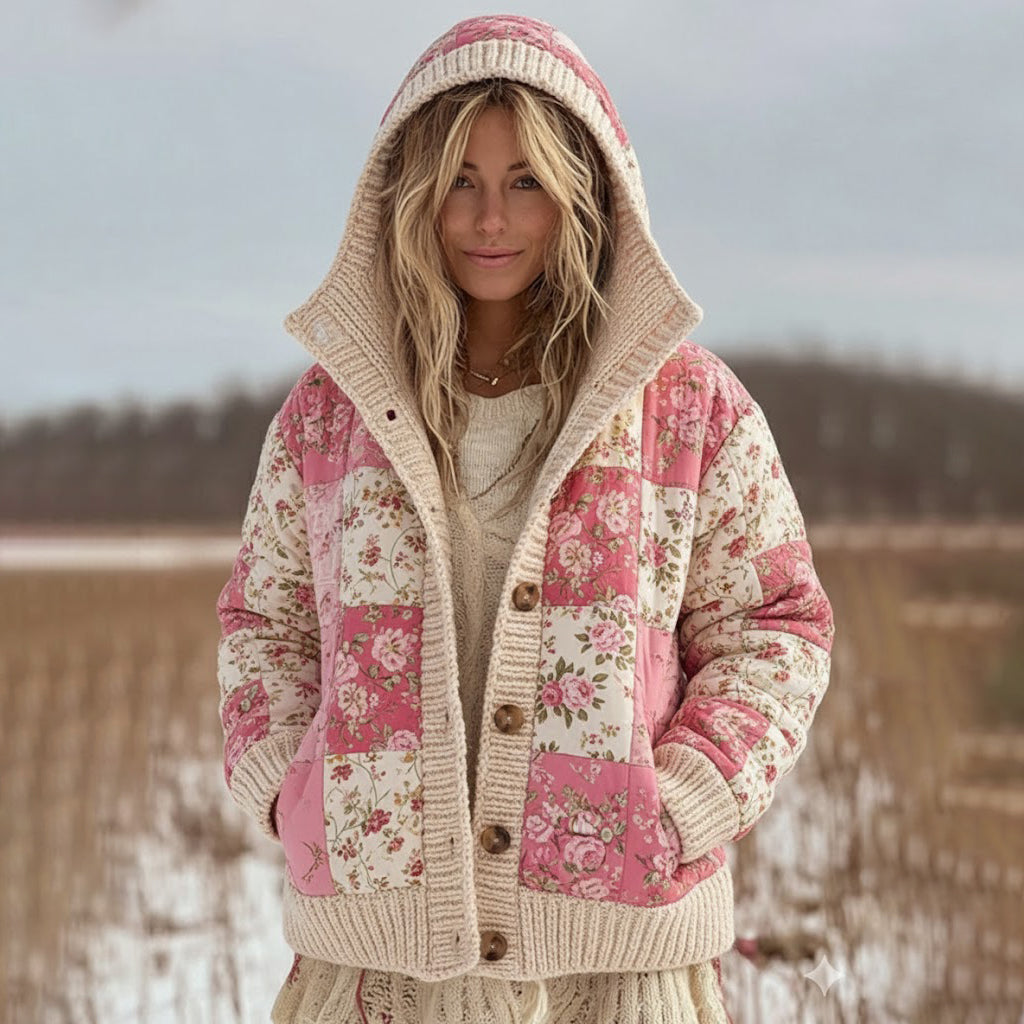 Women's Retro Floral Patchwork Comfortable Hooded Knitted Sweater artswardrobe