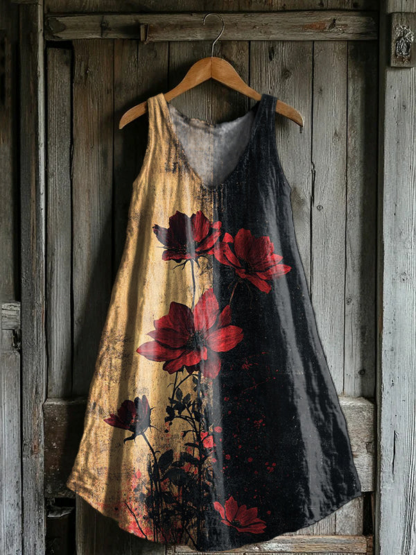 Women's Retro Rose Flower Art Print V-neck Pocket Cotton Dress