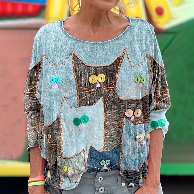 Women's Abstract Geometric Cat Art Print Vintage Linen Crew Neck T-shirt elevenforest