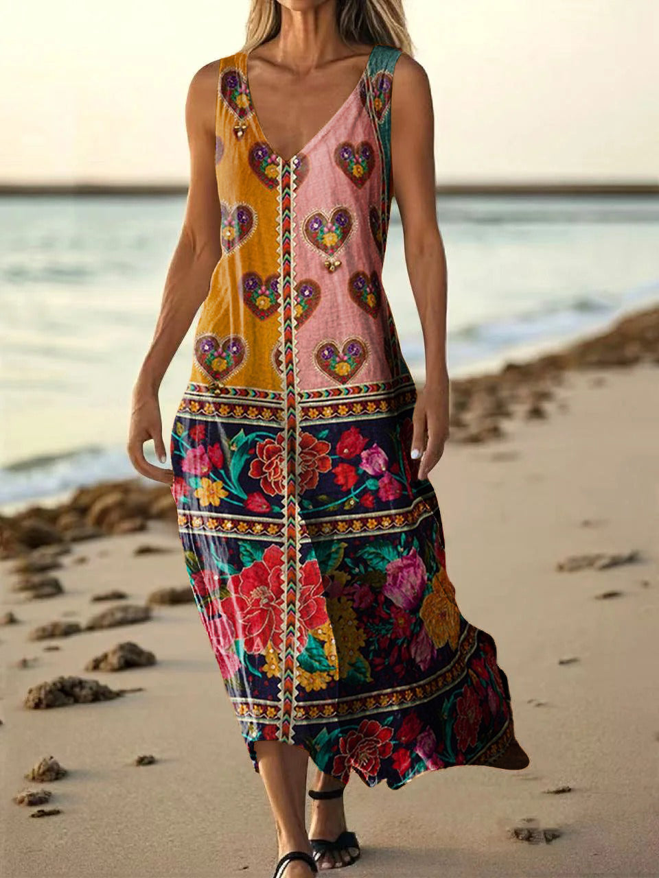 Women's Vintage Ethnic Floral Art Print Pocket Cotton Dress