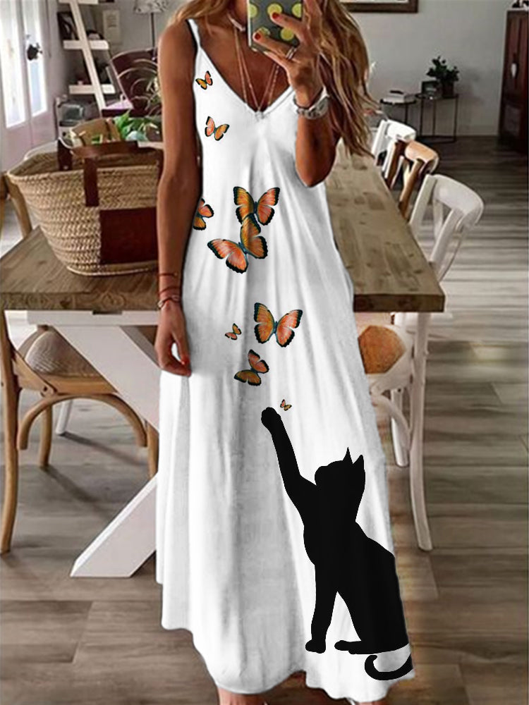Cat & Butterflies Art Graphic Cami Maxi Dress elevenforest